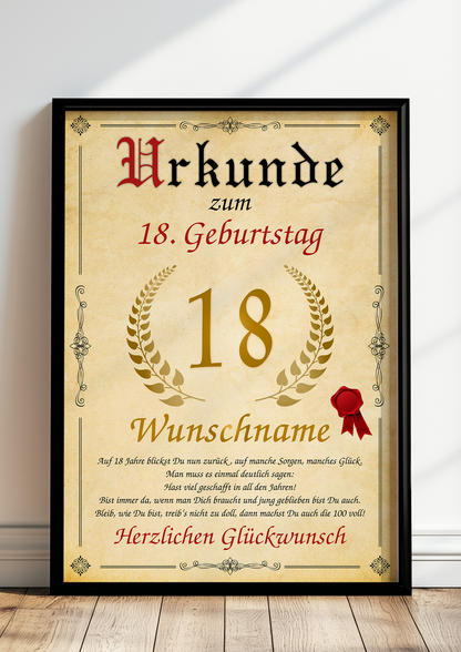 Urkunde zum Geburstag - Alter & Name - Personalisiert