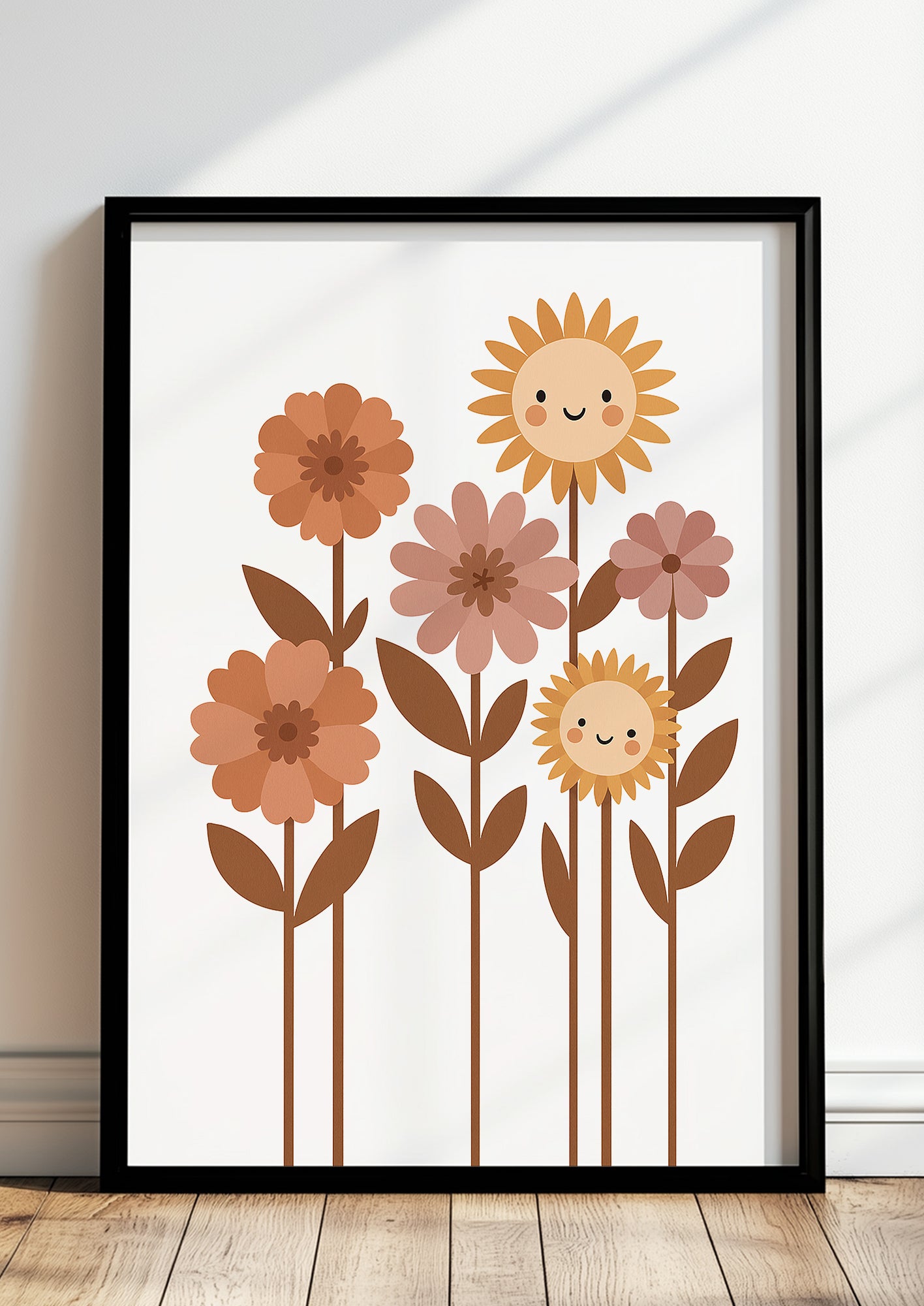 Gerahmtes Kinderposter mit niedlichen Blumenfiguren in warmen Farbtönen