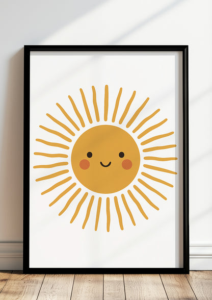 Fröhliches Sonnenposter für Kinderzimmer mit Gesicht und warmen Farben