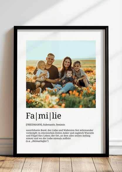 Poster Familie mit Definition und eigenem Foto, hochwertiger Druck im Rahmen