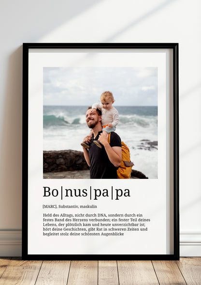 Poster Bonuspapa personalisiert mit Foto, hochwertiger Druck im Rahmen als Geschenkidee