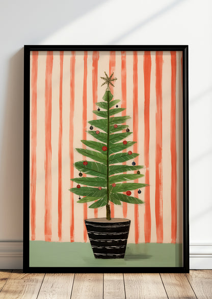 Poster mit modernem Weihnachtsbaum und Streifenmuster im schwarzen Holzrahmen, stehend auf dem Boden