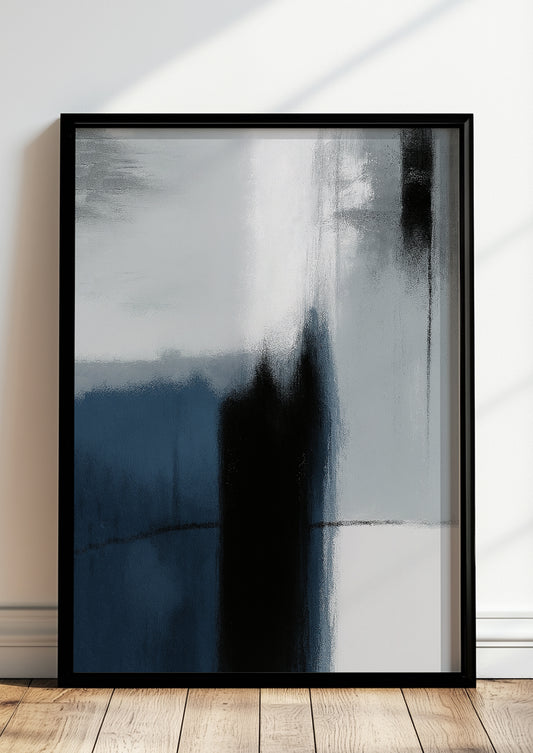 Abstrakter Kunstdruck mit Farbspiel in Blau, Weiß und Schwarz im Rahmen