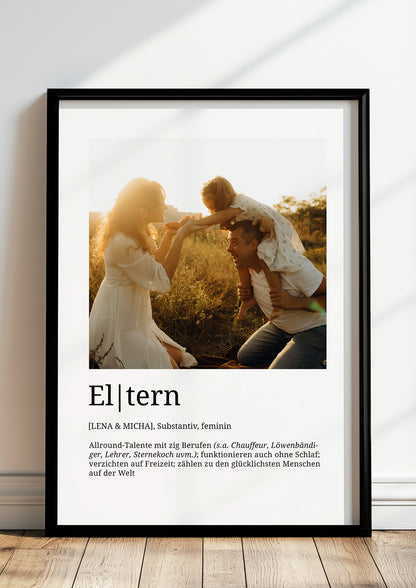Poster Eltern mit Definition und eigenem Foto, hochwertiger Druck im Rahmen