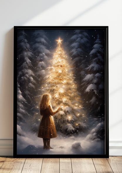 Weihnachts-Poster mit goldenem Baum im weißen Holzrahmen