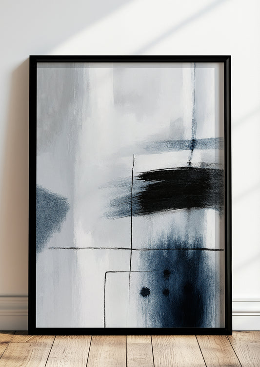 Grafisch-abstrakter Kunstdruck mit dynamischen Pinselzügen im Rahmen