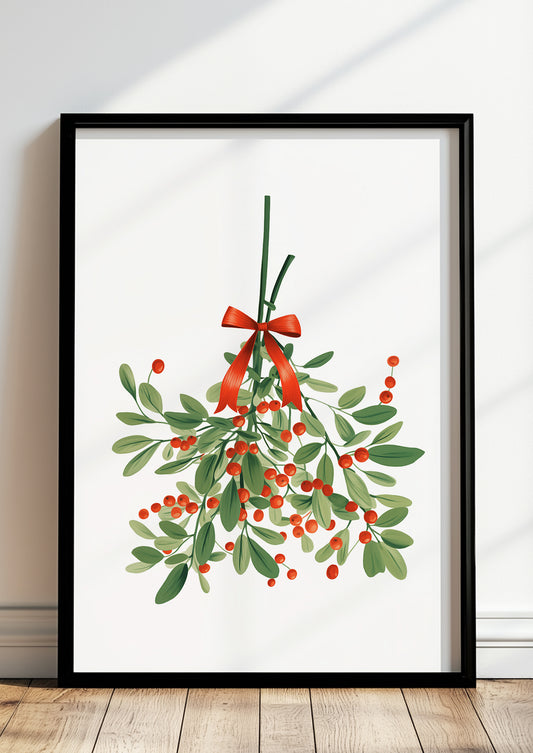 Mistelzweig-Poster im schwarzen Holzrahmen steht auf dem Boden