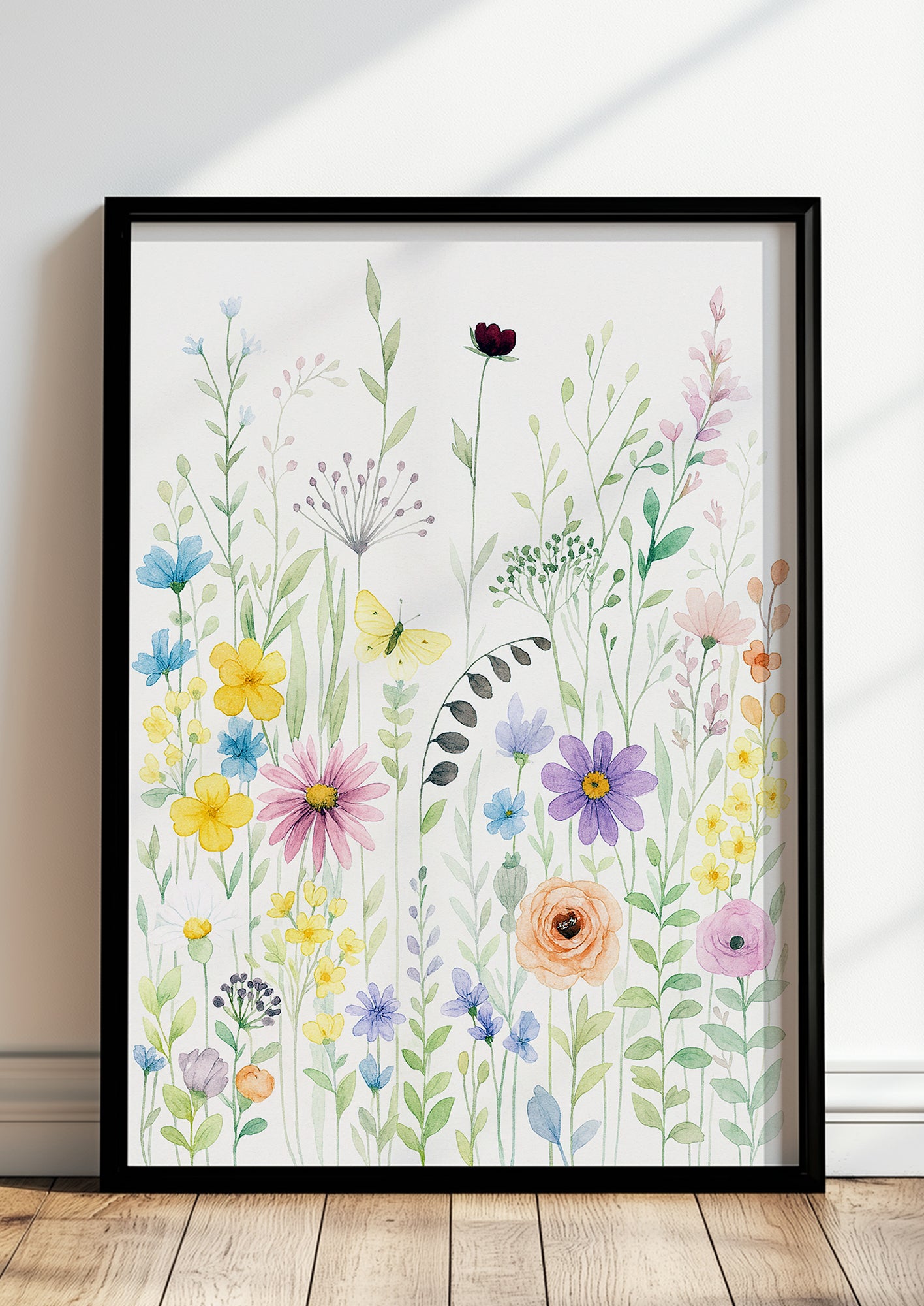 Kinderposter mit sommerlicher Blumenwiese in bunten Tönen im Rahmen