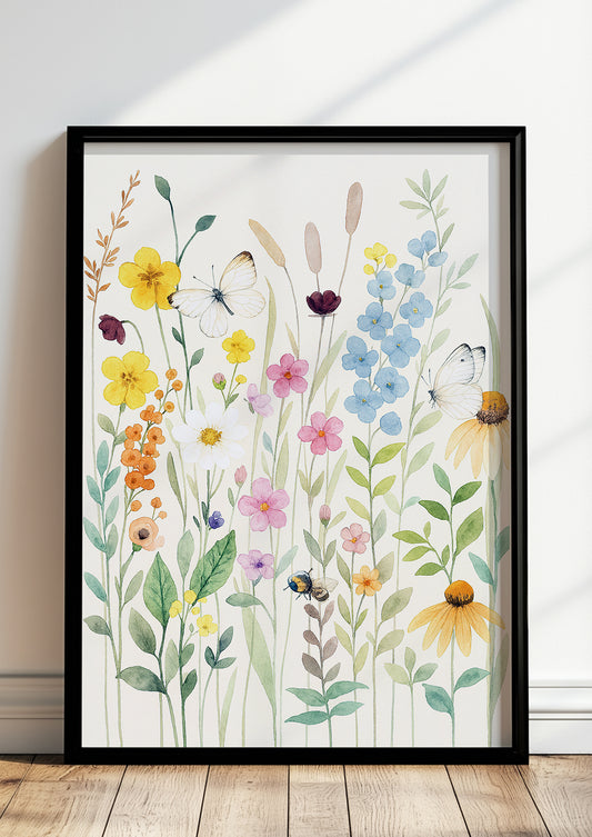 Wiesenposter mit Aquarellblumen und zarten Farbtönen im Rahmen