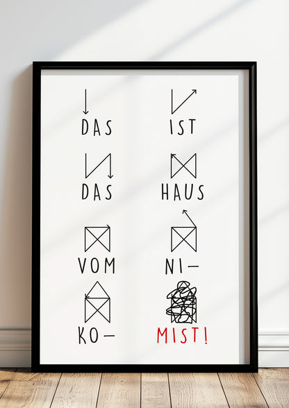 Nikolaus-Haus-Poster im schwarzen Holzrahmen steht auf dem Boden