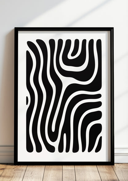 Abstraktes Wellenmuster-Poster in schwarzem Holzrahmen, stehend auf dem Boden