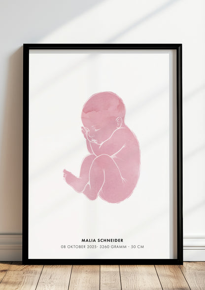 Poster Baby Watercolor Geburtsposter 2 im schwarzen Rahmen stehend
