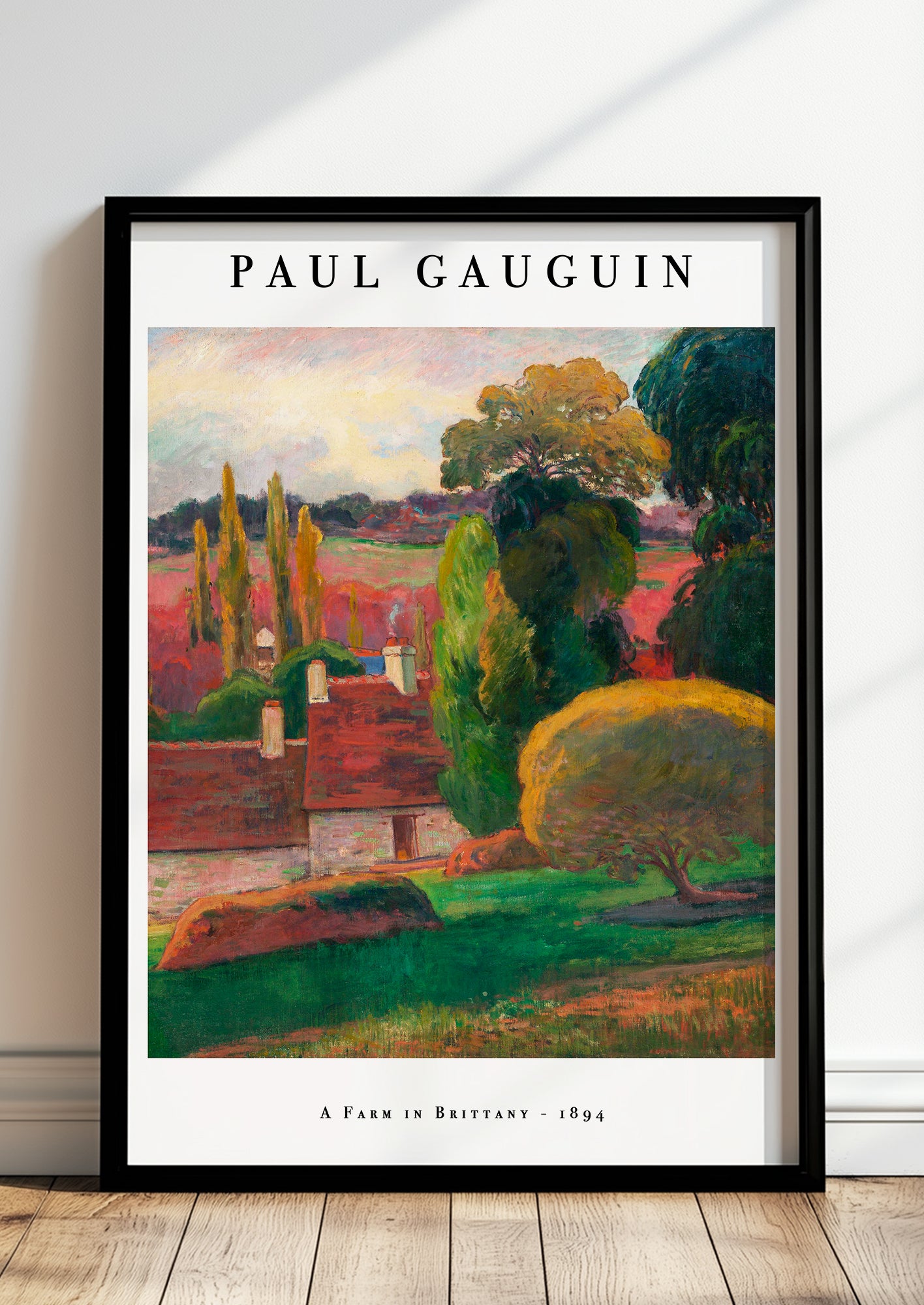 A Farm in Brittany von Paul Gauguin Kunstdruck im schwarzen Rahmen, an Wand gelehnt