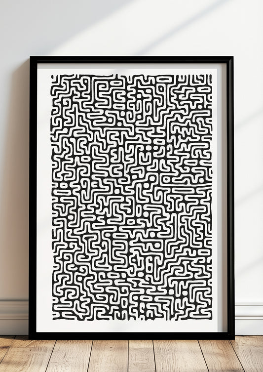 Abstrakte Grafik mit organisch gewundenem Linienmuster in einem schlichten schwarzen Rahmen