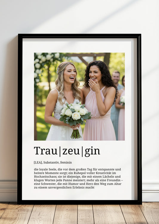 „Trauzeugin Definition Poster personalisiert mit Foto und Name, stilvolles Hochzeitsgeschenk im Rahmen“