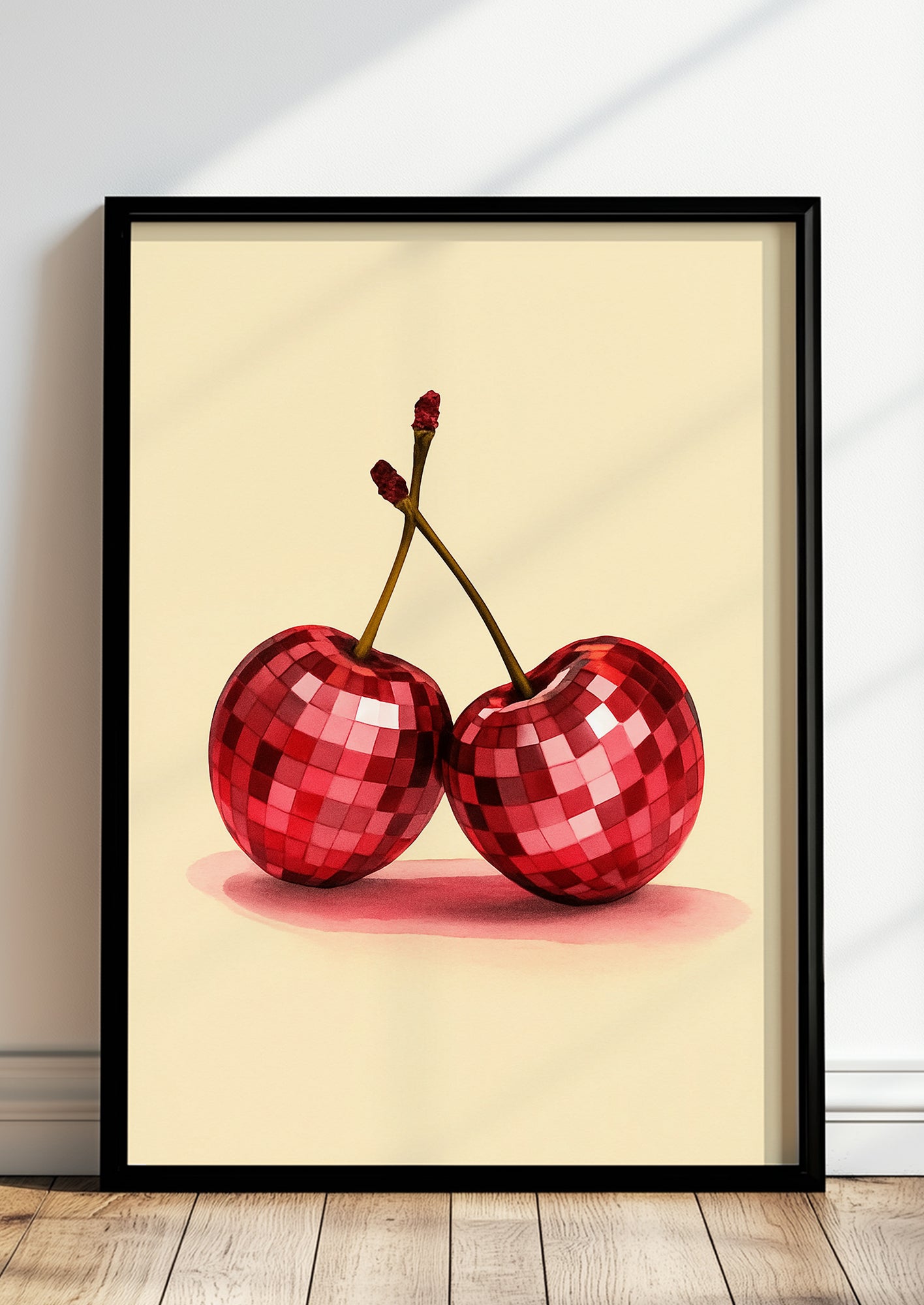 Pop Art Poster mit glänzenden roten Kirschen in geometrischer Discooptik