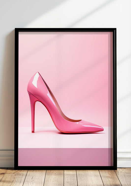Pinker High Heel in schwarzem Holzrahmen steht auf dem Boden