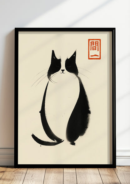 Poster einer Zen-Katze im schwarzen Rahmen an ruhiger, heller Wand mit minimalistischer Einrichtung