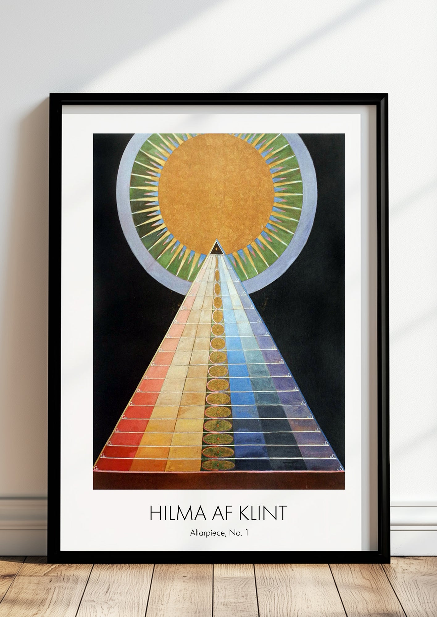 Altarpiece, No.1 von Hilma af Klint als Poster, in schwarzem Rahmen, stehend auf dem Boden, angelehnt an einer Wand