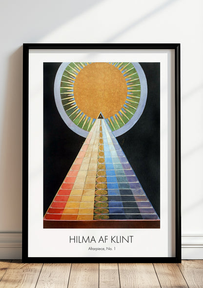Altarpiece, No.1 von Hilma af Klint als Poster, in schwarzem Rahmen, stehend auf dem Boden, angelehnt an einer Wand