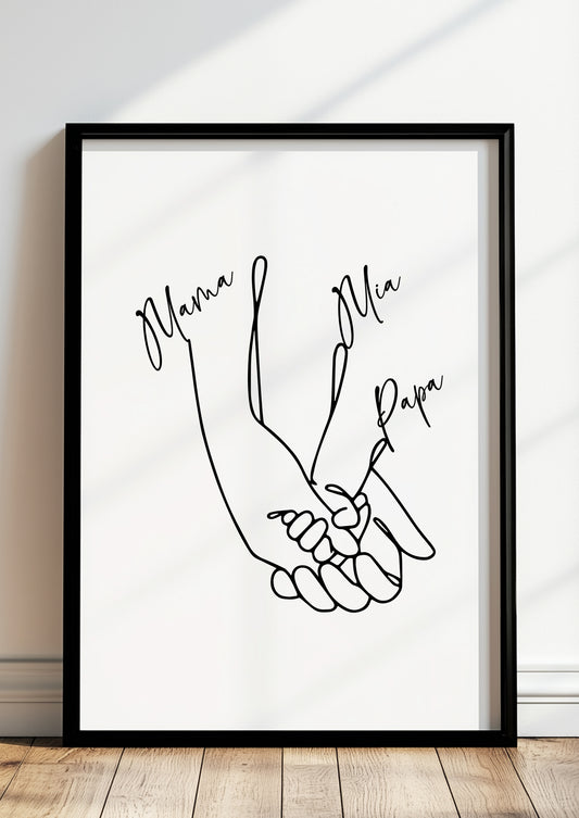 Line Art Poster im Rahmen – 3er Familienbild, minimalistisches Design.