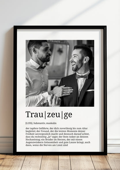 „Trauzeuge Definition Poster personalisiert mit Name und Foto, stilvolles Geschenk im Rahmen“