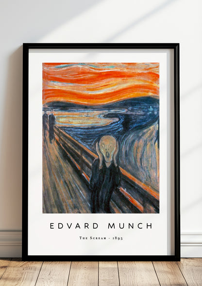 The Scream von Edvard Munch Kunstdruck im schwarzen Rahmen, an Wand gelehnt