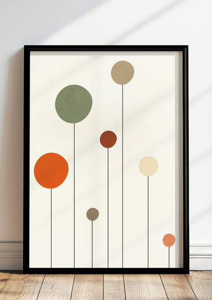 Poster „Abstrakte Kreise II“ in schwarzem Holzrahmen steht auf dem Boden