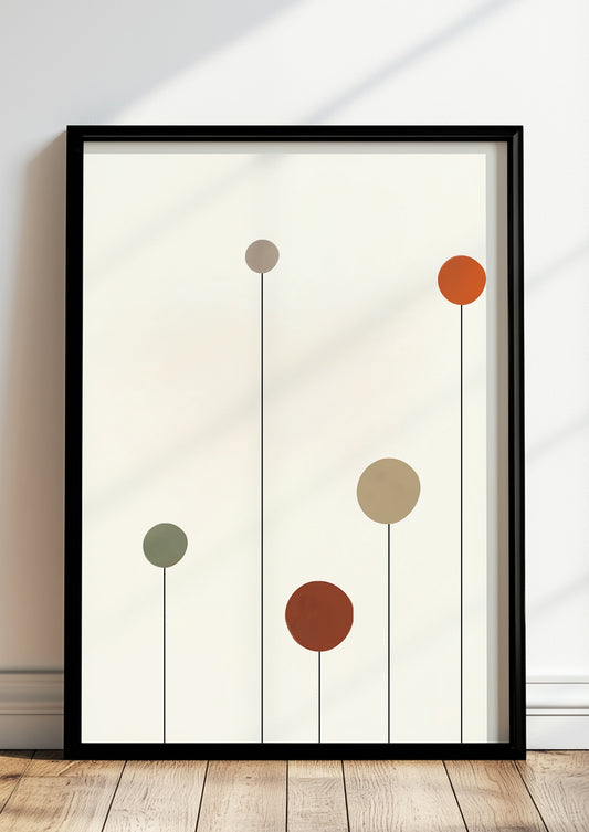 Poster „Abstrakte Kreise“ in schwarzem Holzrahmen steht auf dem Boden