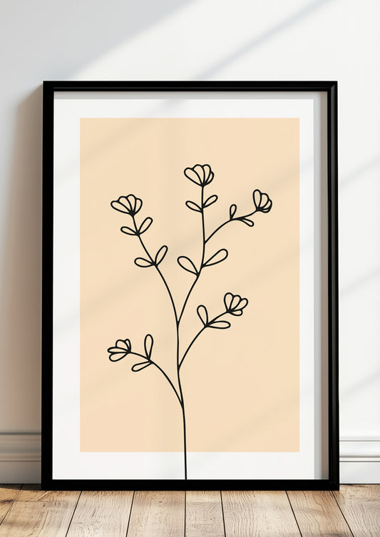Poster „Line Art Blütenzweig“ in schwarzem Holzrahmen steht auf dem Boden
