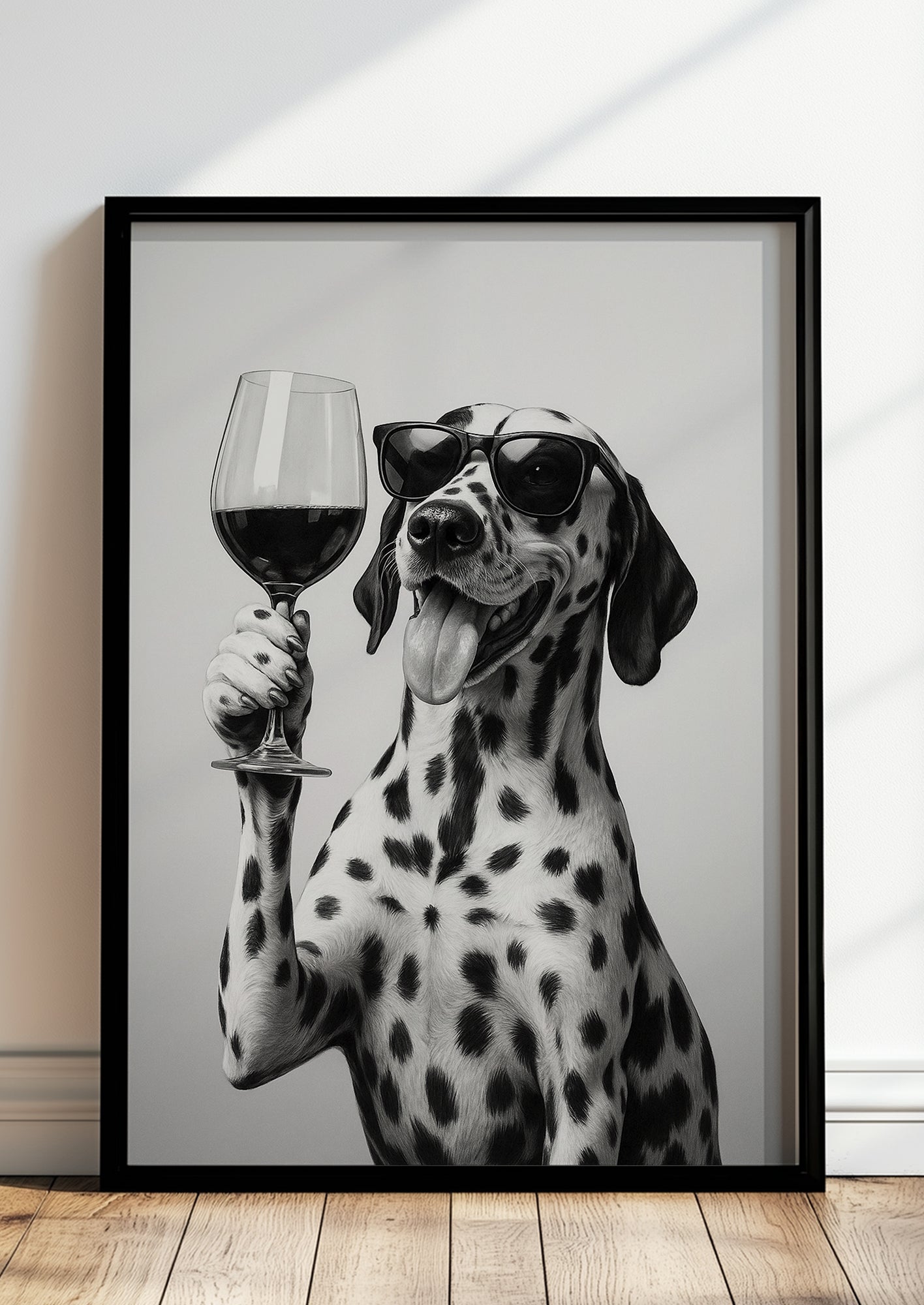 Gerahmtes Dalmatiner-Poster mit Weinglas steht auf dem Boden an der Wand