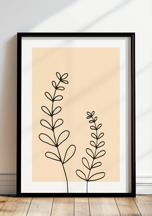 Poster „Line Art Zweige“ in schwarzem Holzrahmen steht auf dem Boden