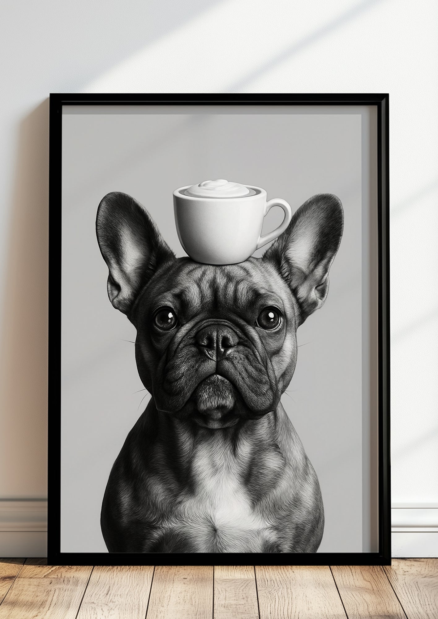 Gerahmtes Bulldoggenposter mit Kaffeetasse steht auf dem Boden vor einer Wand