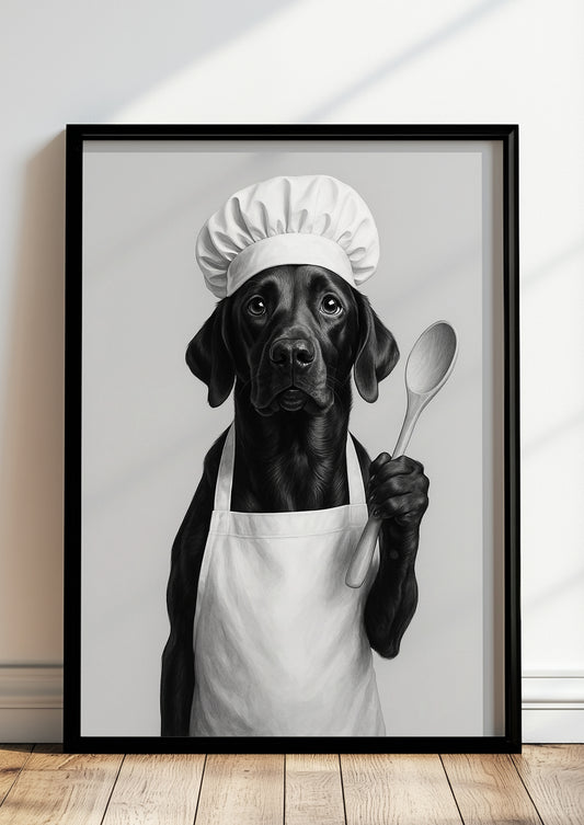 Gerahmtes Labradorkochposter steht auf dem Boden vor einer Wand