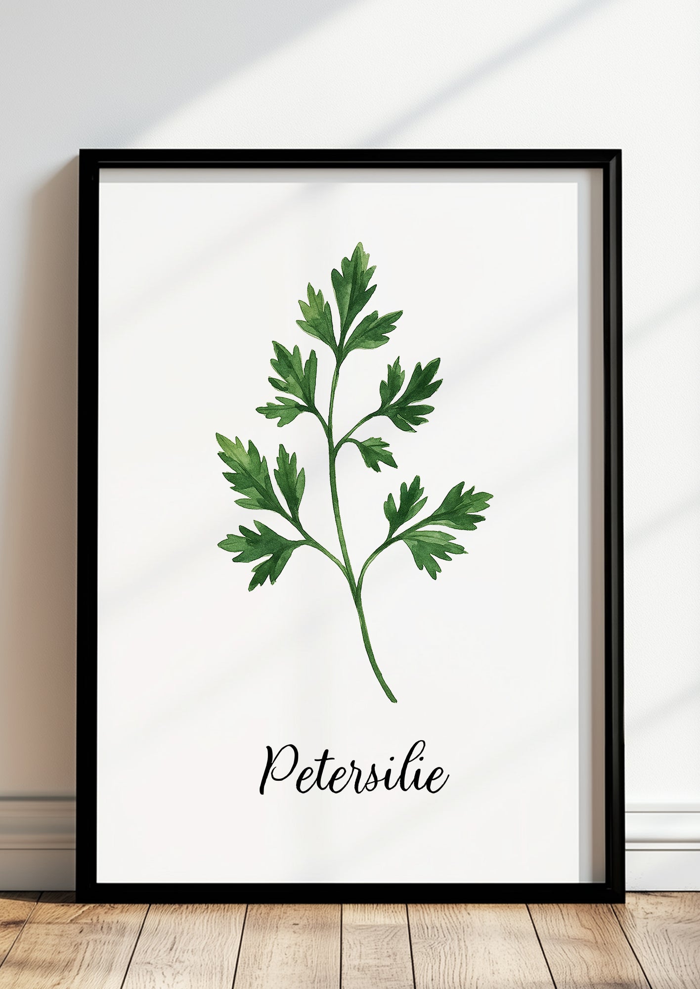 Gerahmtes Petersilienposter steht auf dem Boden vor einer weißen Wand