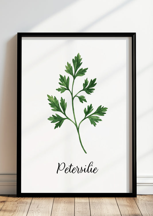 Gerahmtes Petersilienposter steht auf dem Boden vor einer weißen Wand