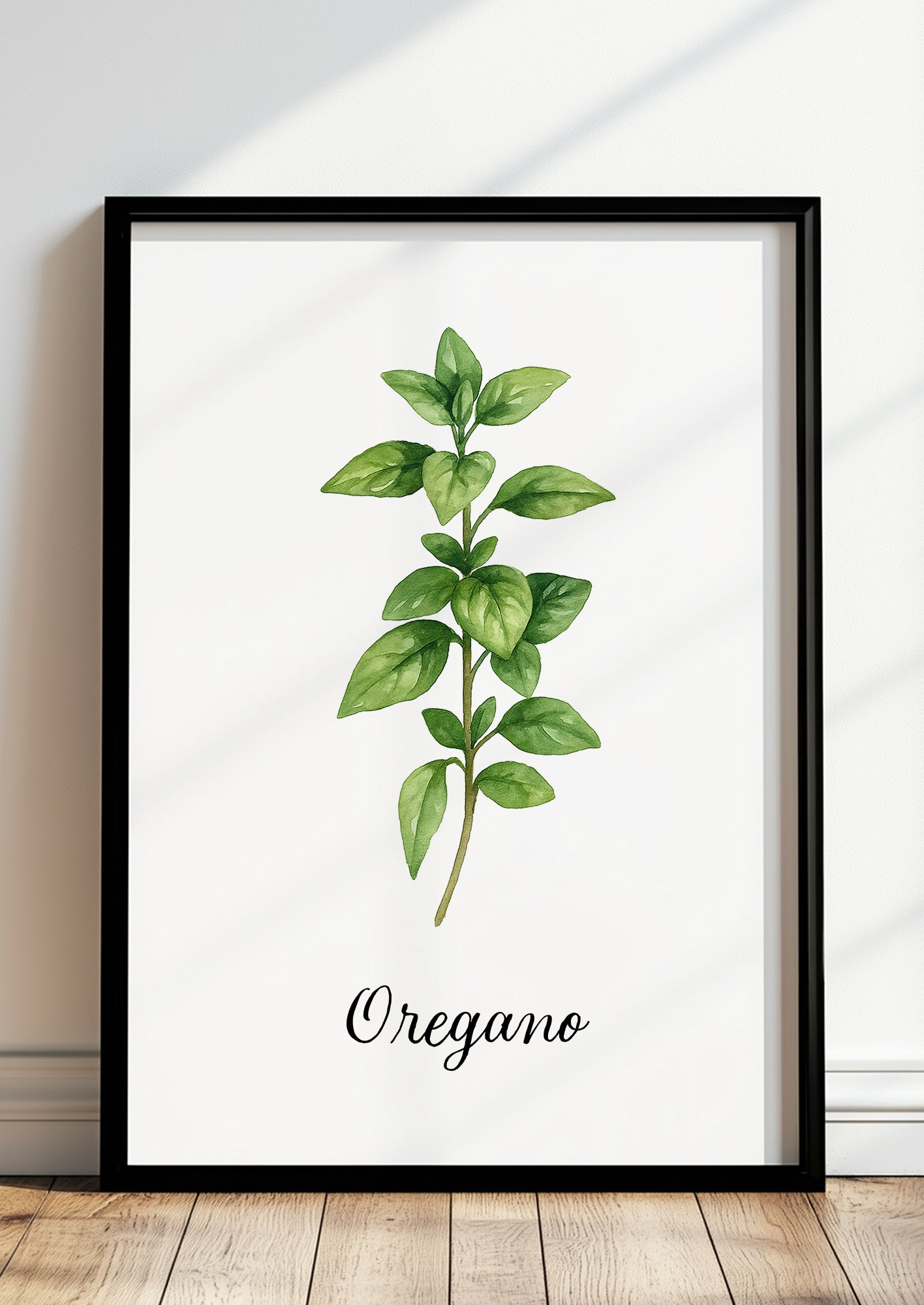 Gerahmtes Oreganoposter steht auf dem Boden vor einer weißen Wand