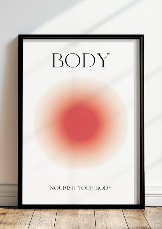 Motiv mit rotem, weichem Lichtverlauf in einem schlichten Rahmen, typografisch akzentuiert