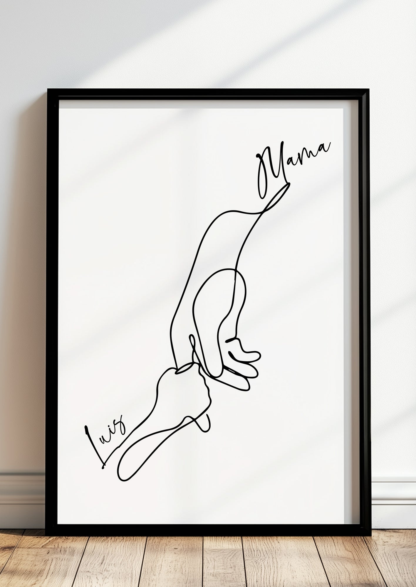 Modernes Line Art Poster im Rahmen – Familienbild für 2 Personen mit Namen.