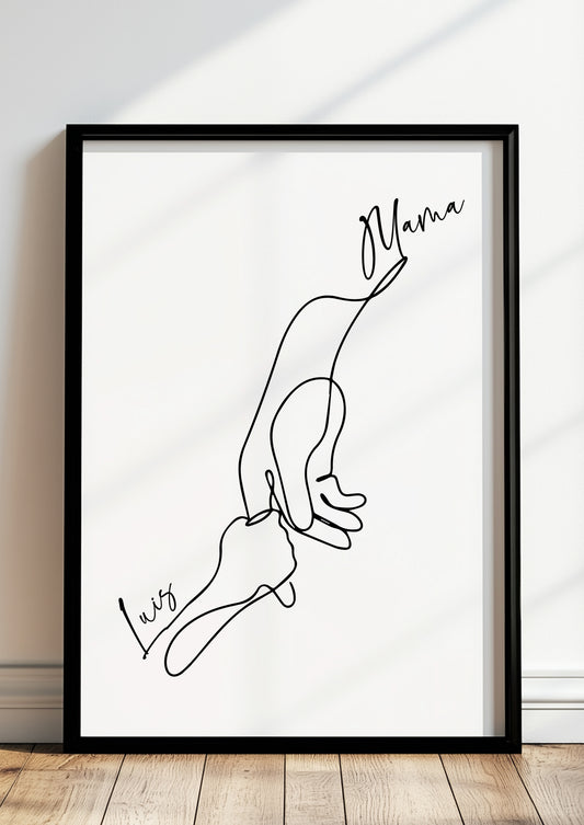 Modernes Line Art Poster im Rahmen – Familienbild für 2 Personen mit Namen.