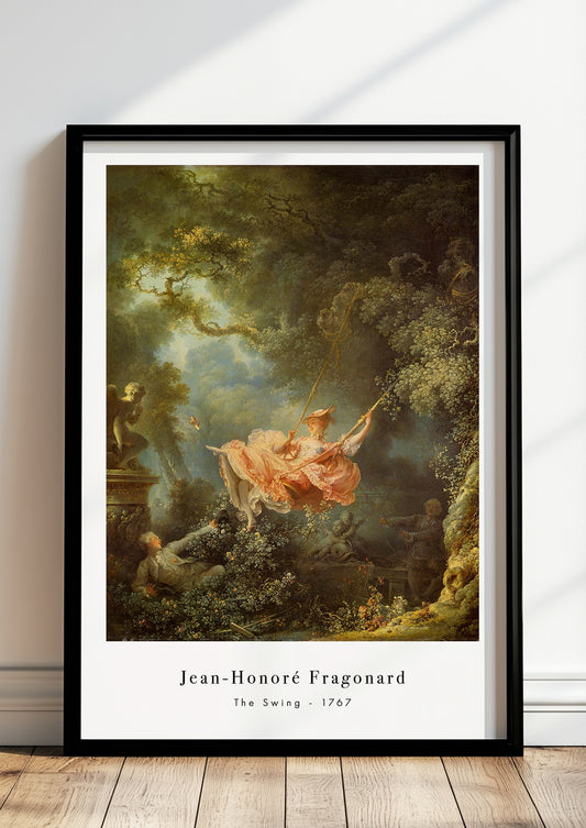 The Swing von Jean-Honoré Fragonard Kunstdruck im schwarzen Rahmen, an Wand gelehnt