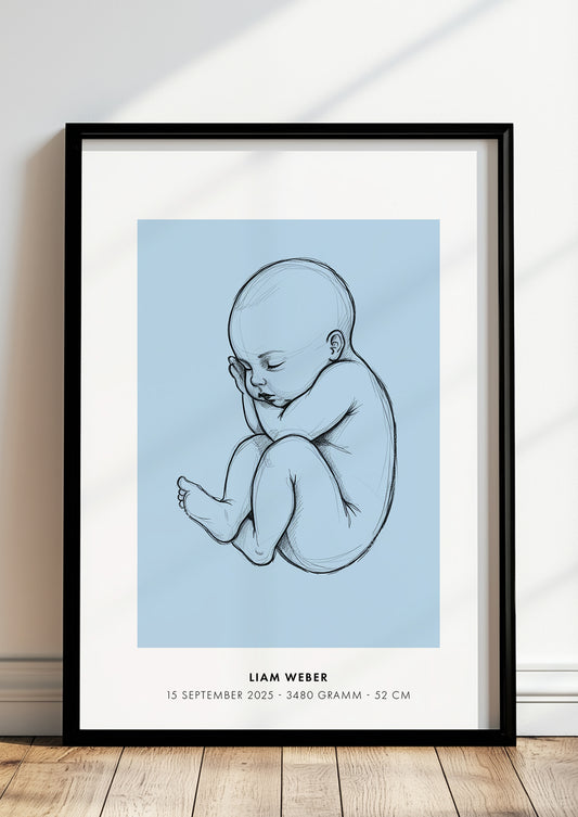 Poster Baby Sketch Geburtsposter 2 im schwarzen Rahmen stehend