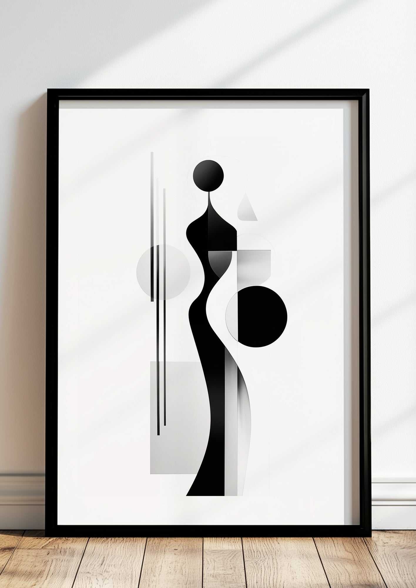 Abstraktes geometrisches Figurenposter im schwarzen Holzrahmen, stehend auf dem Boden