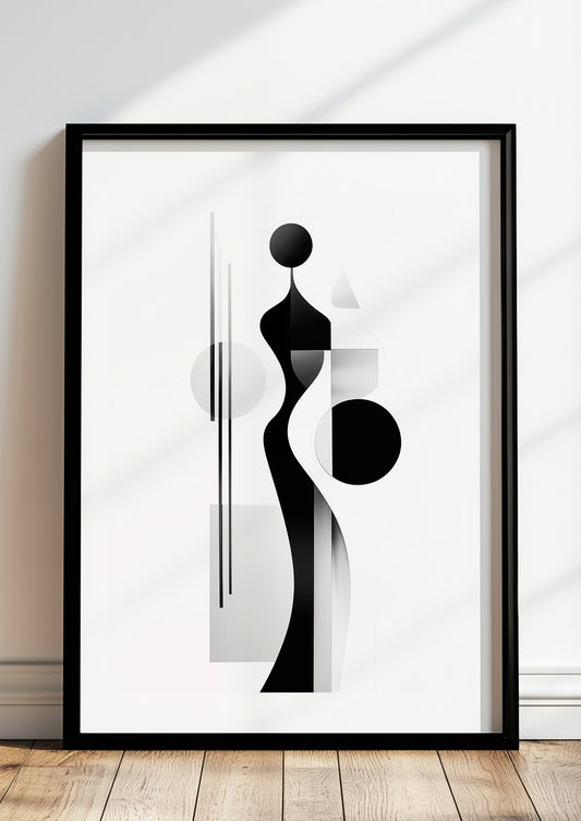 Abstraktes geometrisches Figurenposter im schwarzen Holzrahmen, stehend auf dem Boden