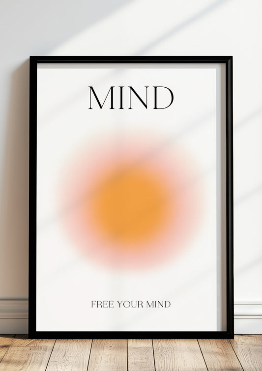 Kunstdruck mit sanftem orangefarbenem Zentrum im Rahmen, minimalistisches Design