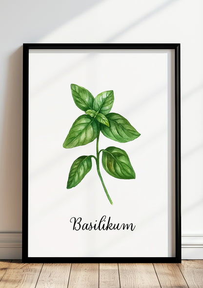 Gerahmtes Basilikumposter steht auf dem Boden vor einer weißen Wand