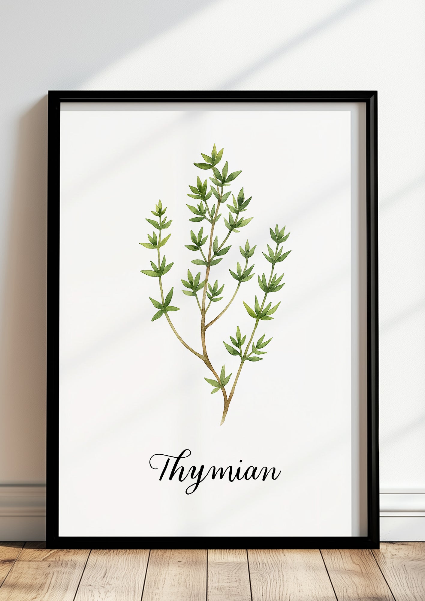 Thymian-Kräuterposter im schwarzen Rahmen an heller Wand mit natürlichem Licht