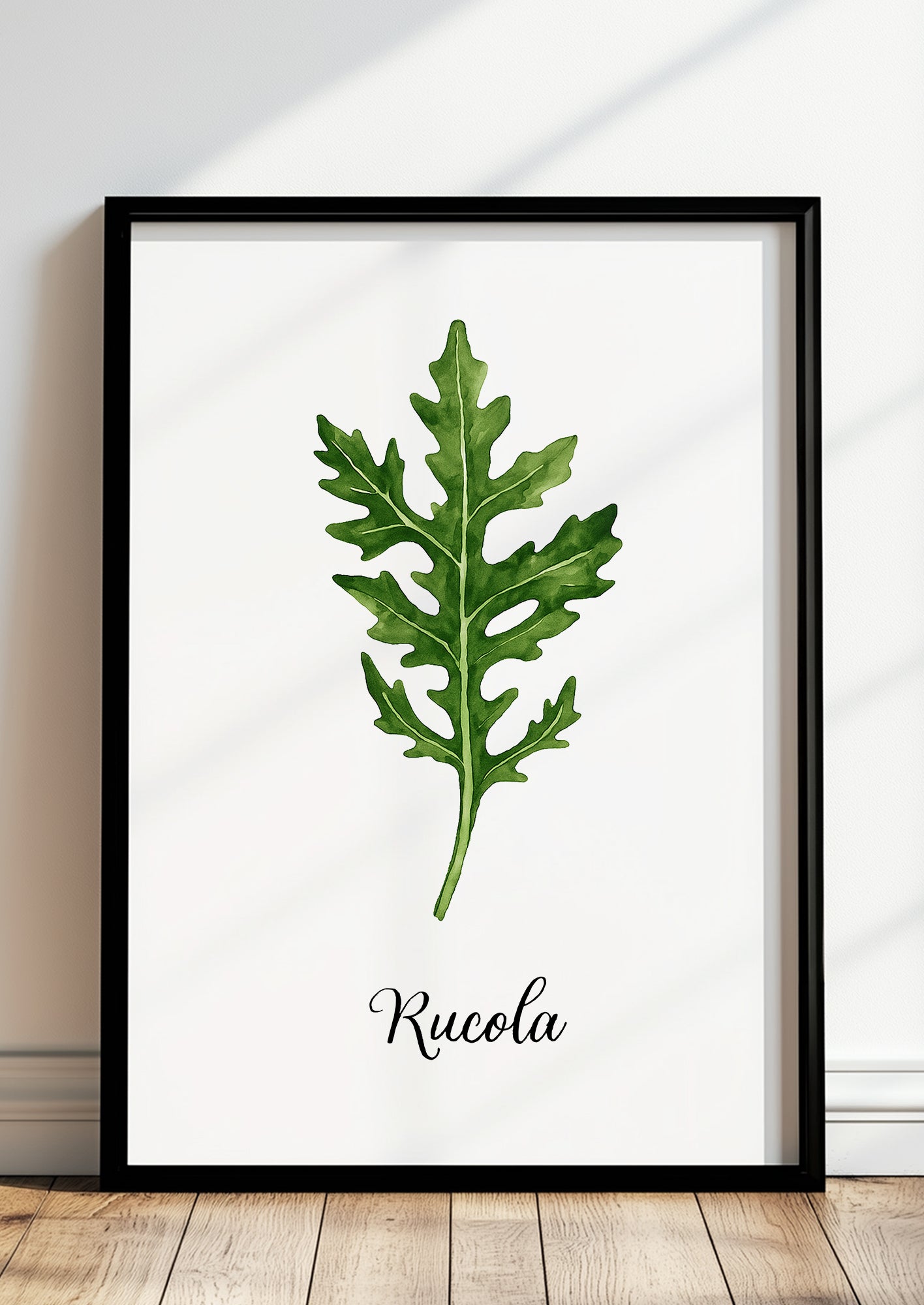 Rucola-Kräuterposter im schwarzen Rahmen an heller Wand mit minimalistischer Einrichtung