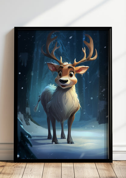 Lustiges Rentierposter im schwarzen Holzrahmen, stehend auf dem Boden