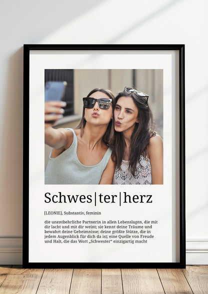Schwesterherz - Definition Poster – individuell mit Foto & Name - Personalisiert